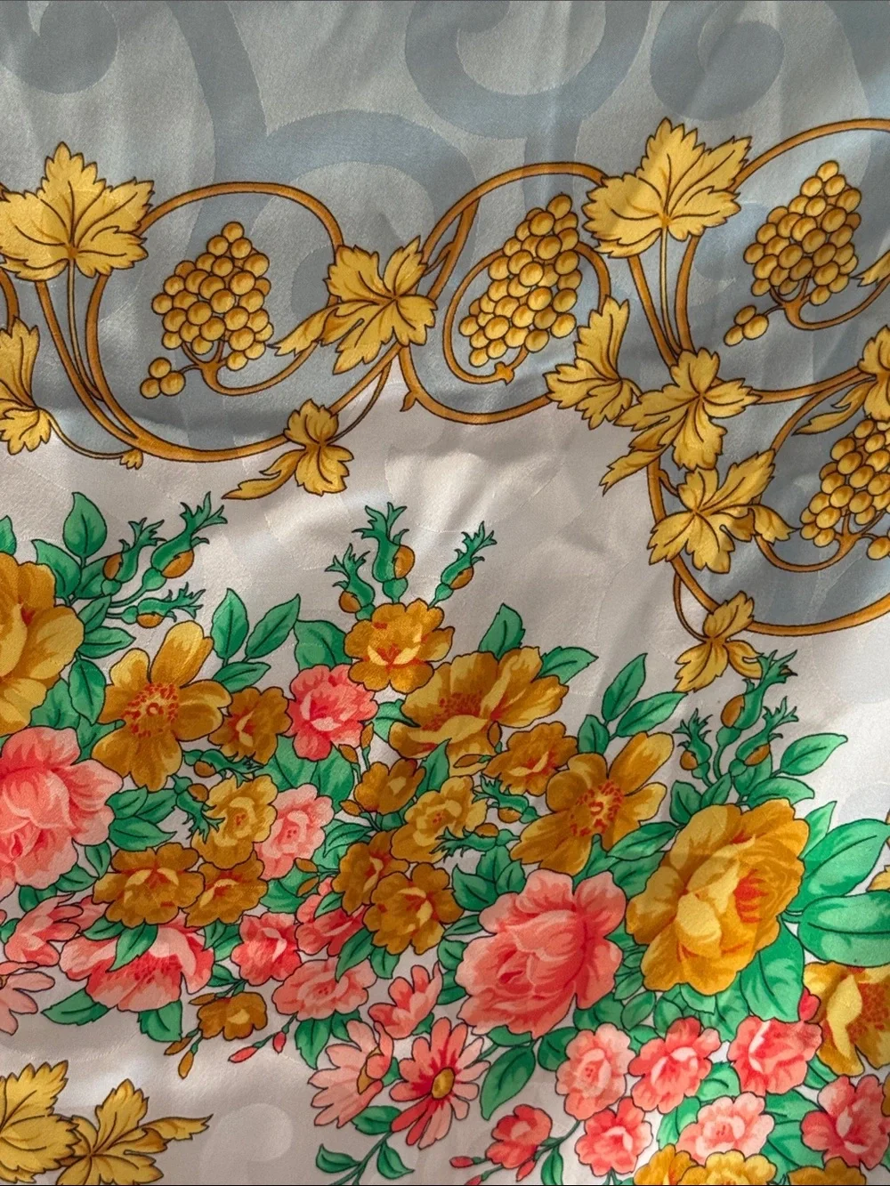 BASILE Silk Floral Garden Square Scarf in Gold, Pink Green & Blue made in Italy
